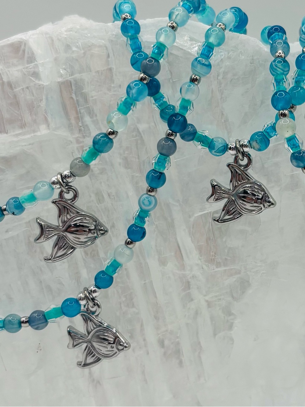 *ANKLET* S. Steel Silver Cute Fish with Agate Stone & Crystal Stretchy Anklet
